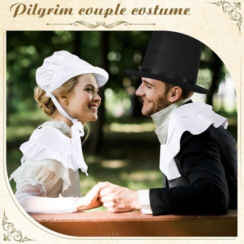5 Pcs Halloween Women Colonial Costume Set White Bonnet Shawl Apron and Men Pilgrim Costume Set Hat in Black Color Shawl for Halloween Cosplay Adults Dress up Accessories in Saudi Arabia