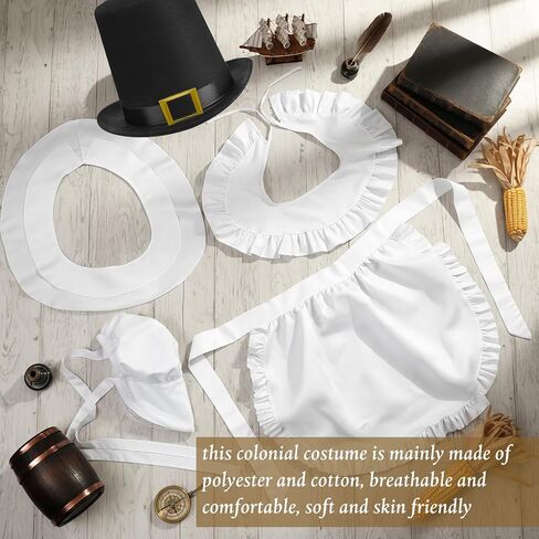5 Pcs Halloween Women Colonial Costume Set White Bonnet Shawl Apron and Men Pilgrim Costume Set Hat in Black Color Shawl for Halloween Cosplay Adults Dress up Accessories in Saudi Arabia