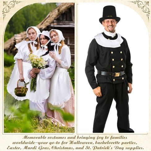 5 Pcs Halloween Women Colonial Costume Set White Bonnet Shawl Apron and Men Pilgrim Costume Set Hat in Black Color Shawl for Halloween Cosplay Adults Dress up Accessories in Saudi Arabia