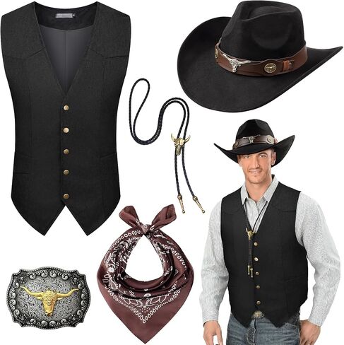 5 Pcs Cowboy Outfit for Men Cowboy Costume Western Vest Hat and Accessories for Halloween Wild West Party in Saudi Arabia