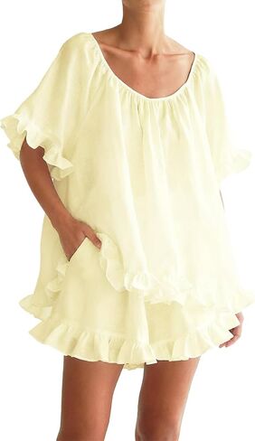 Womens 2 Piece Short Set Fashion Summer Short Sleeve Ruffle Trim Top and Shorts Cotton Pajama Sets in Saudi Arabia