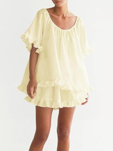 Womens 2 Piece Short Set Fashion Summer Short Sleeve Ruffle Trim Top and Shorts Cotton Pajama Sets in Saudi Arabia