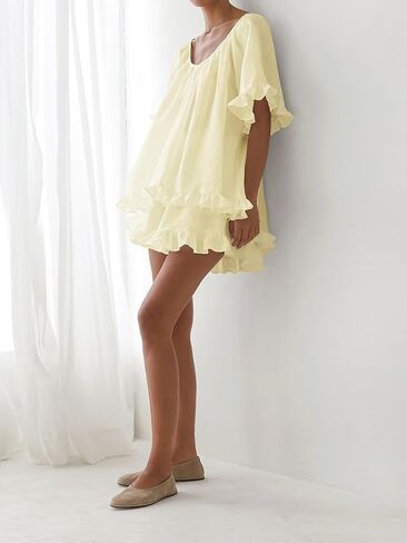 Womens 2 Piece Short Set Fashion Summer Short Sleeve Ruffle Trim Top and Shorts Cotton Pajama Sets in Saudi Arabia