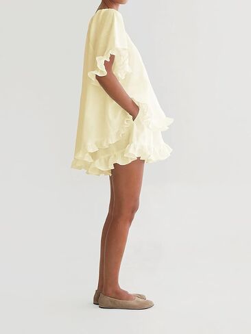 Womens 2 Piece Short Set Fashion Summer Short Sleeve Ruffle Trim Top and Shorts Cotton Pajama Sets in Saudi Arabia