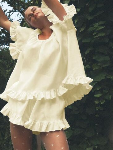 Womens 2 Piece Short Set Fashion Summer Short Sleeve Ruffle Trim Top and Shorts Cotton Pajama Sets in Saudi Arabia