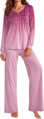 Ekouaer نساء Pajama تحدد الأكمام الطويلة مطوية V الرقبة سام 2025 Fall Pjs Soft 2 قطعة ليلية مع جيوب in Saudi Arabia