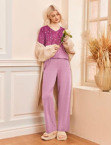 Ekouaer نساء Pajama تحدد الأكمام الطويلة مطوية V الرقبة سام 2025 Fall Pjs Soft 2 قطعة ليلية مع جيوب in Saudi Arabia