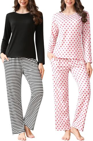 Star Vibe 2 Pack Women's Pajama Set Long Sleeve Top and Pants Pjs Set Soft Sleepwear Loungewear with Pockets S-XXL in Kuwait