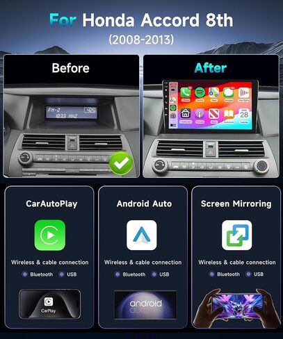 ستيريو سيارة 8Core 4G 64G Android 12 لسيارة Honda Accord 8th 2008-2013 مع شاشة لمس 10.1 بوصة 1280X720P QLED لاسلكية CarPlay Android Auto Bluetooth5.0 DSP/46EQ GPS FM/RDS WiFi AHD كاميرا احتياطية in Saudi Arabia
