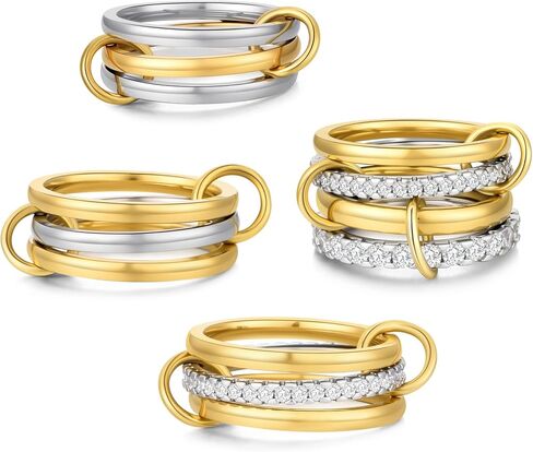 4 Pack Interlocked Stackable Rings for Women - 14K Gold Plated Statement 4 Mixed Metals Multi Ring Stack - Cubic Zirconia Two-Toned Connected Bands Stacking Jewelry in Saudi Arabia
