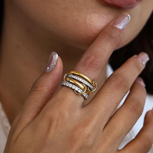 4 Pack Interlocked Stackable Rings for Women - 14K Gold Plated Statement 4 Mixed Metals Multi Ring Stack - Cubic Zirconia Two-Toned Connected Bands Stacking Jewelry in Saudi Arabia