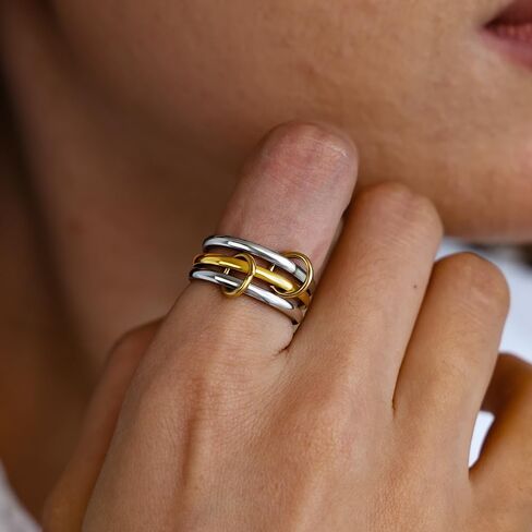 4 Pack Interlocked Stackable Rings for Women - 14K Gold Plated Statement 4 Mixed Metals Multi Ring Stack - Cubic Zirconia Two-Toned Connected Bands Stacking Jewelry in Saudi Arabia