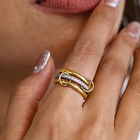 4 Pack Interlocked Stackable Rings for Women - 14K Gold Plated Statement 4 Mixed Metals Multi Ring Stack - Cubic Zirconia Two-Toned Connected Bands Stacking Jewelry in Saudi Arabia