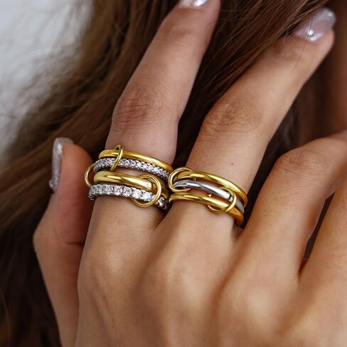 4 Pack Interlocked Stackable Rings for Women - 14K Gold Plated Statement 4 Mixed Metals Multi Ring Stack - Cubic Zirconia Two-Toned Connected Bands Stacking Jewelry in Saudi Arabia