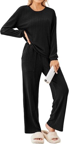 Ekouaer Womens Pajama مجموعات 2 قطعة صالة متماسكة مضلعة مجموعات طويلة الأكمام PJS ملابس ناعمة سقوط ملابس مع جيوب التصحيح in Saudi Arabia