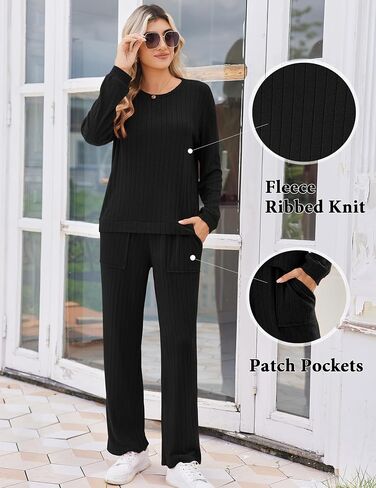 Ekouaer Womens Pajama مجموعات 2 قطعة صالة متماسكة مضلعة مجموعات طويلة الأكمام PJS ملابس ناعمة سقوط ملابس مع جيوب التصحيح in Saudi Arabia