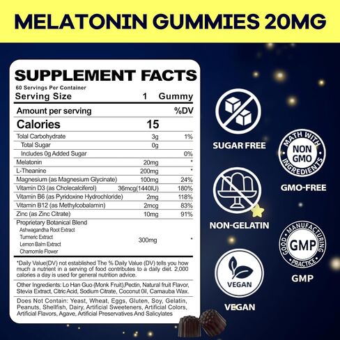 Melatonin 20mg Gummies for Adult: Sugar Free Melatonin Supplement Extra Strength with Ashwagandha L-Theanine Magnesium Turmeric Vitamin D3 B6 B12 - Non-Habit Forming for Women Men(120Count) in Saudi Arabia