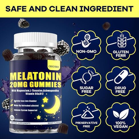 Melatonin 20mg Gummies for Adult: Sugar Free Melatonin Supplement Extra Strength with Ashwagandha L-Theanine Magnesium Turmeric Vitamin D3 B6 B12 - Non-Habit Forming for Women Men(120Count) in Saudi Arabia