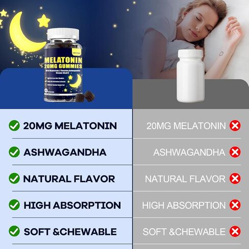 Melatonin 20mg Gummies for Adult: Sugar Free Melatonin Supplement Extra Strength with Ashwagandha L-Theanine Magnesium Turmeric Vitamin D3 B6 B12 - Non-Habit Forming for Women Men(120Count) in Saudi Arabia