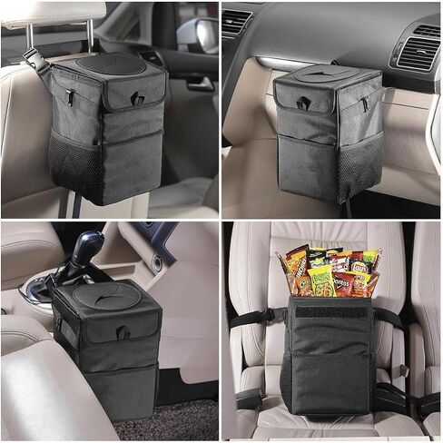 Car Trash Can with Lid and Storage Pockets - 100% Leak-Proof Organizer, Multipurpose Trash Bin for Car, Black in Saudi Arabia