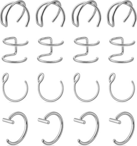 Fake Lip Piercing, 16 Pcs Stainless Steel Fake Lip Ring Clip on Nose Ring Hoop Faux Nose Piercing for Women Men (Silver) in Saudi Arabia