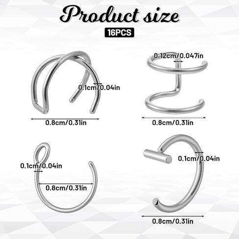 Fake Lip Piercing, 16 Pcs Stainless Steel Fake Lip Ring Clip on Nose Ring Hoop Faux Nose Piercing for Women Men (Silver) in Saudi Arabia