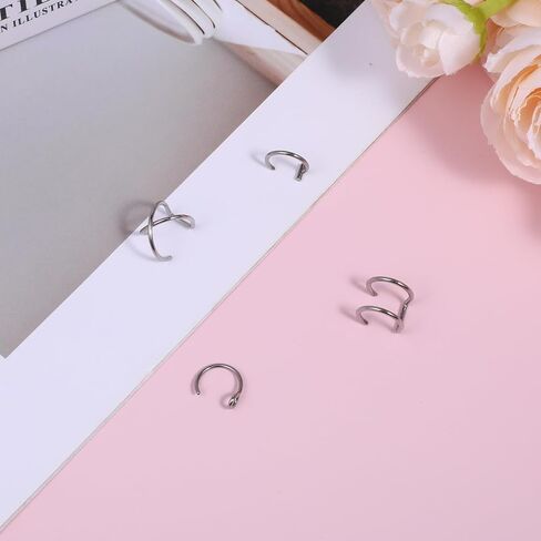 Fake Lip Piercing, 16 Pcs Stainless Steel Fake Lip Ring Clip on Nose Ring Hoop Faux Nose Piercing for Women Men (Silver) in Saudi Arabia