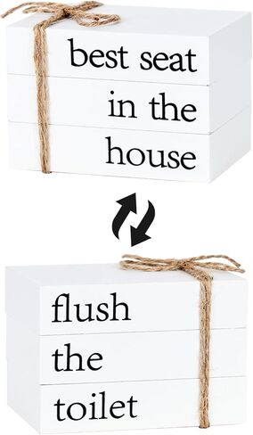 Farmhouse Mini Bathroom Decor, Reversible 2 Styles Funny Wooden Book Stack for Tray Decor, Rustic Sign Small Decorative Accent for The Guest Bathroom in Kuwait