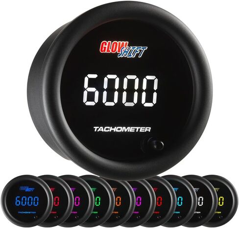 GlowShift 10 Color Digital 9،999 RPM مقياس سرعة الدوران - للمحركات التي تعمل بالطاقة من 1 إلى 10 أسطوانات - شاشة LED متعددة الألوان - عدسة ملونة - 2-1/16 "(52 مم) in Saudi Arabia