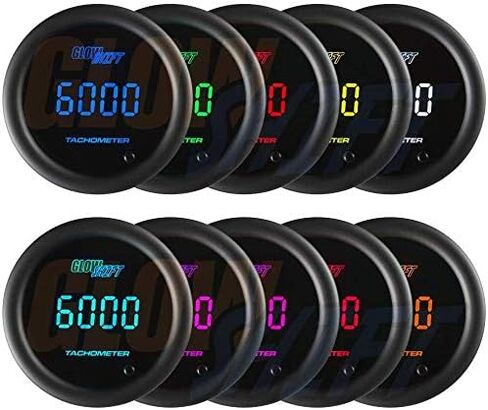 GlowShift 10 Color Digital 9،999 RPM مقياس سرعة الدوران - للمحركات التي تعمل بالطاقة من 1 إلى 10 أسطوانات - شاشة LED متعددة الألوان - عدسة ملونة - 2-1/16 "(52 مم) in Saudi Arabia