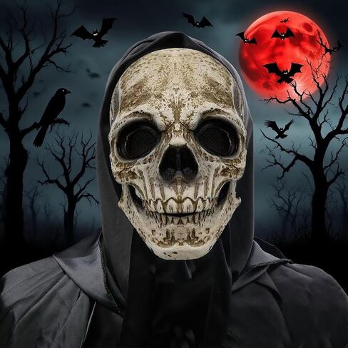 skull mask moving jaw - scary halloween masks for adults men, full head skeleton latex mask with neck for Cosplay Party Props/Halloween Masquerade Partie/Carnival/Christmas/Easter/Costume Parties in Saudi Arabia