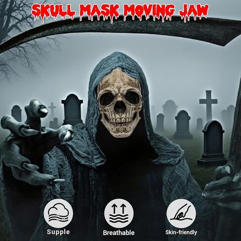 skull mask moving jaw - scary halloween masks for adults men, full head skeleton latex mask with neck for Cosplay Party Props/Halloween Masquerade Partie/Carnival/Christmas/Easter/Costume Parties in Saudi Arabia