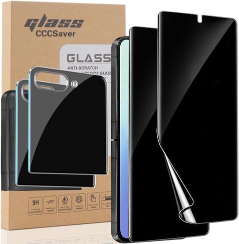 واقي شاشة للخصوصية Samsung Galaxy Z Flip 6، عبوتان من الأفلام الداخلية الناعمة المضادة للتجسس + عبوتين من حافظة شاشة زجاجية مقواة سوداء/أمامية/خارجية [28 درجة مضادة للزقزقة] بدون فقاعات، صديقة للحافظة، مضادة للخدش in Kuwait