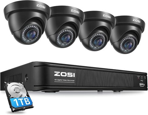 ZOSI 4 Pack 1080p 2MP HD-TVI كاميرا مراقبة منزلية خارجية داخلية 1920TVL، كاميرا مراقبة مقاومة للطقس CCTV كاميرا قبة سوداء، رؤية ليلية 80 قدمًا، 24 قطعة LED، زاوية رؤية 90 درجة in Kuwait