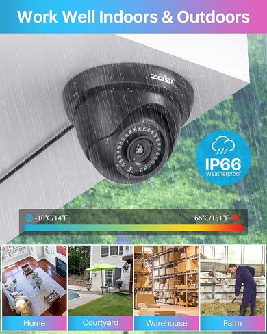 ZOSI 4 Pack 1080p 2MP HD-TVI كاميرا مراقبة منزلية خارجية داخلية 1920TVL، كاميرا مراقبة مقاومة للطقس CCTV كاميرا قبة سوداء، رؤية ليلية 80 قدمًا، 24 قطعة LED، زاوية رؤية 90 درجة in Kuwait
