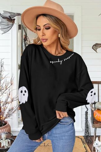 HEBBE Spooky Season Sweatshirts Halloween Ghost Sweatshirt Women - Halloween Graphic Crewneck Tops Casual Sweater in Kuwait