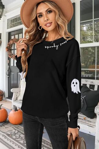 HEBBE Spooky Season Sweatshirts Halloween Ghost Sweatshirt Women - Halloween Graphic Crewneck Tops Casual Sweater in Kuwait
