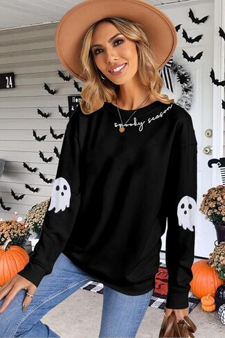 HEBBE Spooky Season Sweatshirts Halloween Ghost Sweatshirt Women - Halloween Graphic Crewneck Tops Casual Sweater in Kuwait