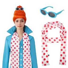 4pcs شعر مستعار Orange مع نظارات مستديرة زرقاء ومجموعة وشاح POLKA DOT ، إكسسوارات الأزياء للنساء في عيد الهالوين حفلة تأثيري in Kuwait