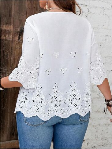 MakeMeChic Women's Plus Size Eyelet Blouse Embroidery 3/4 Sleeve Notch Neck Fall Casual Shirt in Saudi Arabia