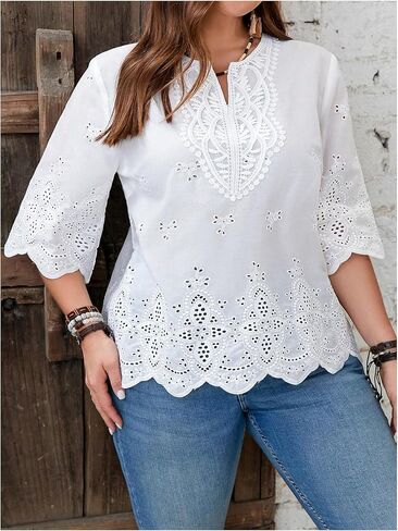 MakeMeChic Women's Plus Size Eyelet Blouse Embroidery 3/4 Sleeve Notch Neck Fall Casual Shirt in Saudi Arabia