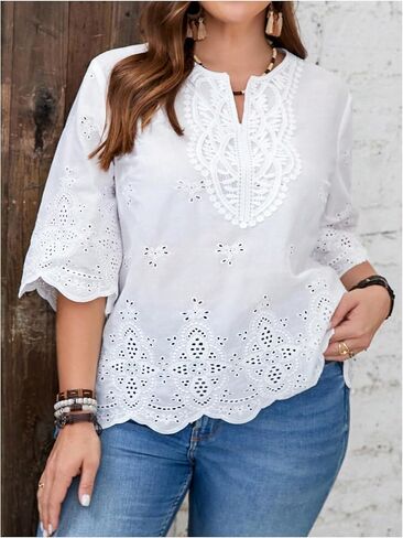 MakeMeChic Women's Plus Size Eyelet Blouse Embroidery 3/4 Sleeve Notch Neck Fall Casual Shirt in Saudi Arabia