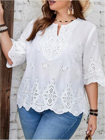 MakeMeChic Women's Plus Size Eyelet Blouse Embroidery 3/4 Sleeve Notch Neck Fall Casual Shirt in Saudi Arabia