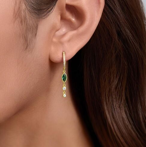 SLUYNZ 925 Sterling Silver Green CZ Marquise Dangle Earrings for Women Teens Bezel CZ Dangle Earrings Hoop in Saudi Arabia