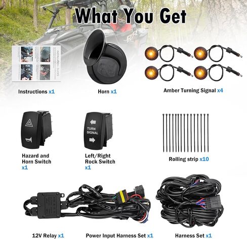 UTV Turn Signal Signal Kit مع قرن ، مسبقًا ، سدادات و PLACK ATV Signal Street Legal Blinker Kit مع Rocker Switch USB Flasher Relay متوافق مع Polaris ، Can-AM ، Kawasaki ، CFMOTO (4 PCS LIGHTS) in Saudi Arabia