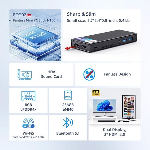 MeLE Fanless Mini PC Stick PCG02 Pro الجيل الثاني عشر Alder Lake - N100(حتى 3.4 جيجا هرتز)، 8 جيجا DDR4 RAM 256 جيجا بايت كمبيوتر مكتبي يدعم 4K Dual HDMI USB3.2 WiFi BT Ethernet، مكتب الأعمال المنزلية الصناعية in Kuwait