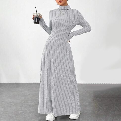 Women Mock Neck Dresses Ribbed Knit Long Sleeve Spring Fall Bodycon Sweater Tunic Pullover Solid Lounge Maxi Dress in Saudi Arabia