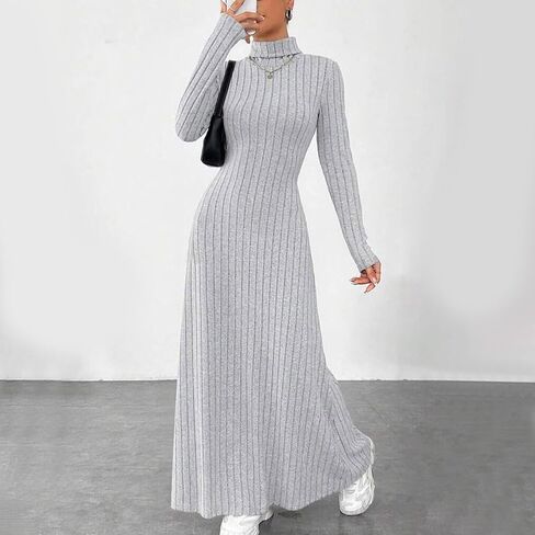 Women Mock Neck Dresses Ribbed Knit Long Sleeve Spring Fall Bodycon Sweater Tunic Pullover Solid Lounge Maxi Dress in Saudi Arabia