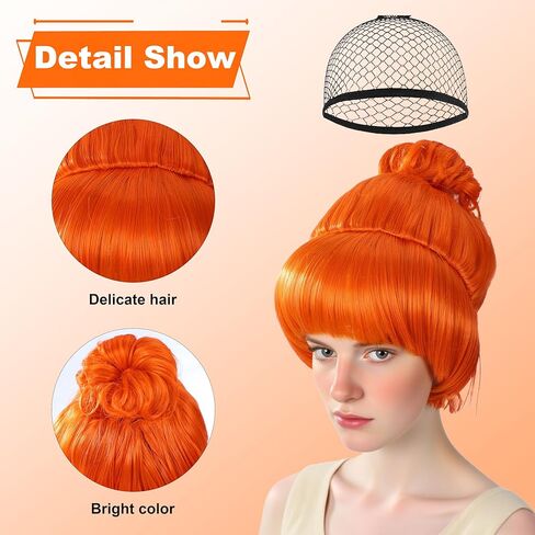 4PCS Orange Wig with Blue Round Glasses & Pink Polka Dot Scarf Set, Costume Accessories for Halloween Costume Women Cosplay Party in Kuwait