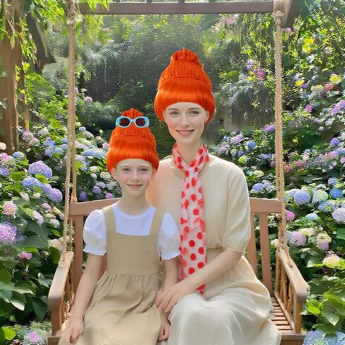 4PCS Orange Wig with Blue Round Glasses & Pink Polka Dot Scarf Set, Costume Accessories for Halloween Costume Women Cosplay Party in Kuwait